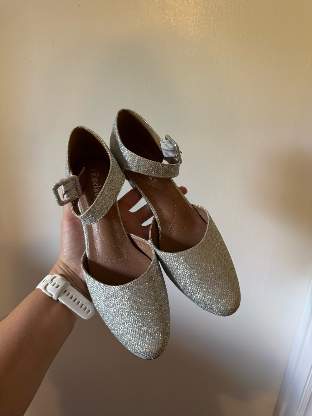 Glitter Ankle-Strap Heels in Silver